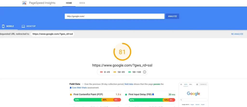 Google Pagespeed Testing tool